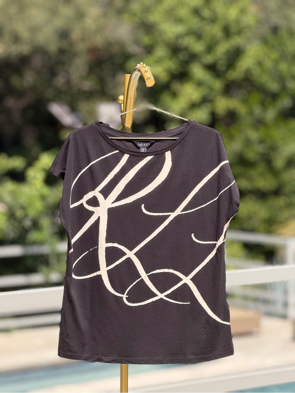 Lauren Ralph Lauren Black Short Sleeve Top with Cream Script Motif